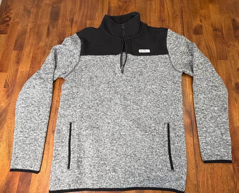 Eddie Bauer Mens Small Gray Black Quarter Zip Sweater Fleece Pullover